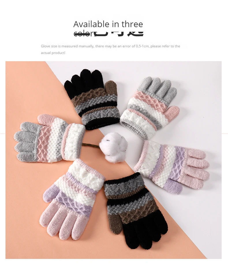Autumn and Winter Children's Warm Gloves 3-8 Year Old Boys and Girls Thickened Striped Knitted Full Finger Gloves
