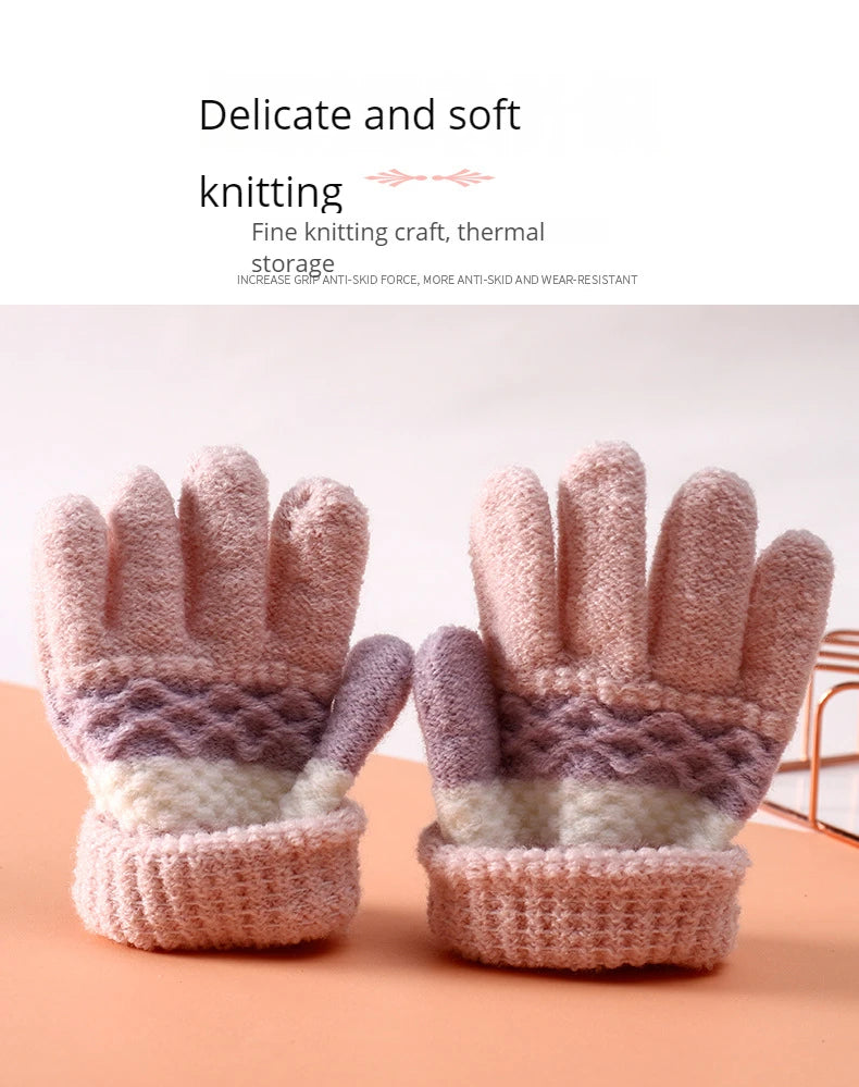 Autumn and Winter Children's Warm Gloves 3-8 Year Old Boys and Girls Thickened Striped Knitted Full Finger Gloves