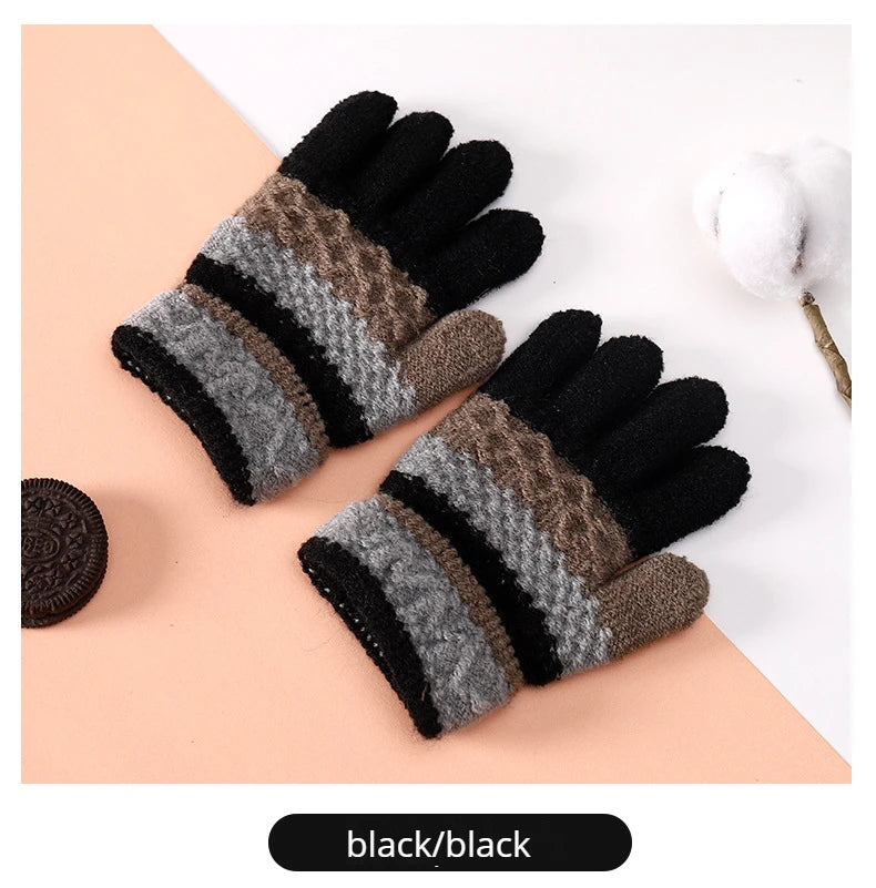 Autumn and Winter Children's Warm Gloves 3-8 Year Old Boys and Girls Thickened Striped Knitted Full Finger Gloves