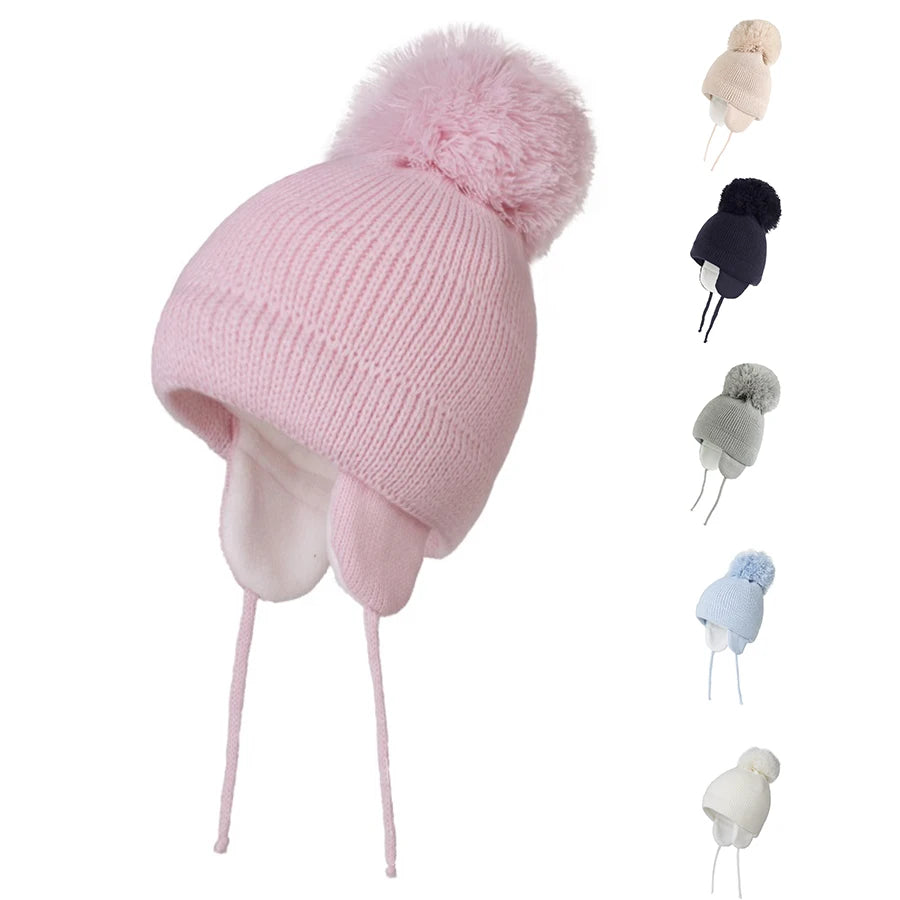 Winter Warm Knitted Baby Hats for Girls Pom Pom Kid Toddler Boys Beanies Cap with Fleece Lining