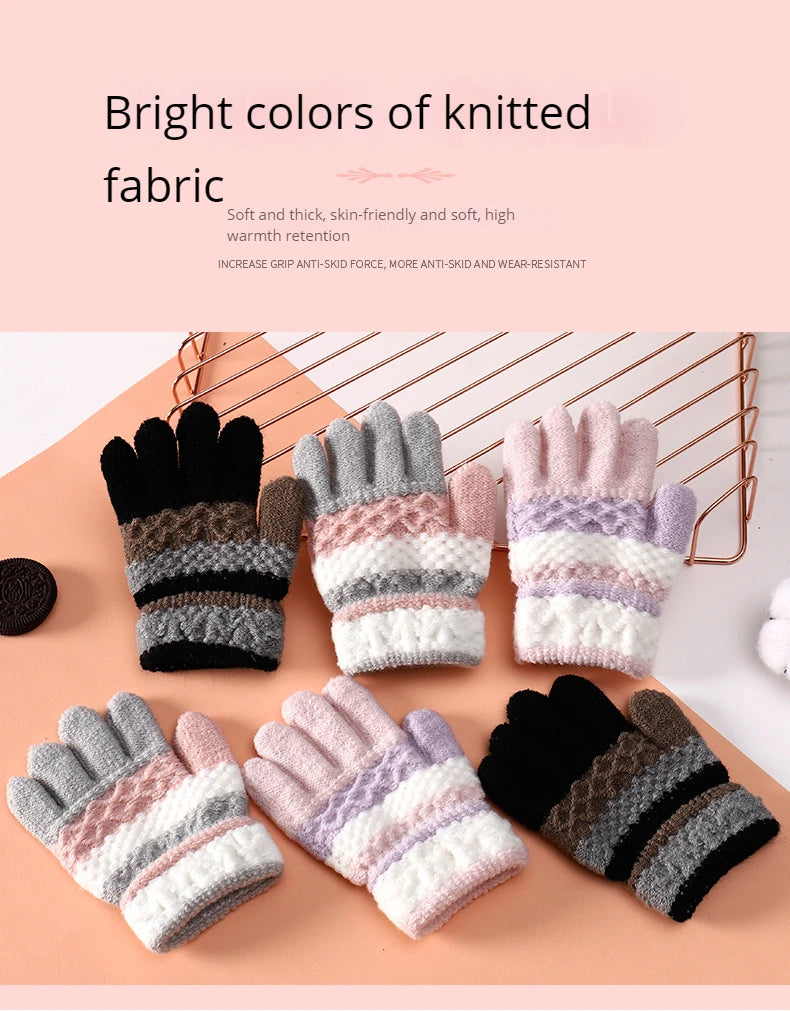 Autumn and Winter Children's Warm Gloves 3-8 Year Old Boys and Girls Thickened Striped Knitted Full Finger Gloves