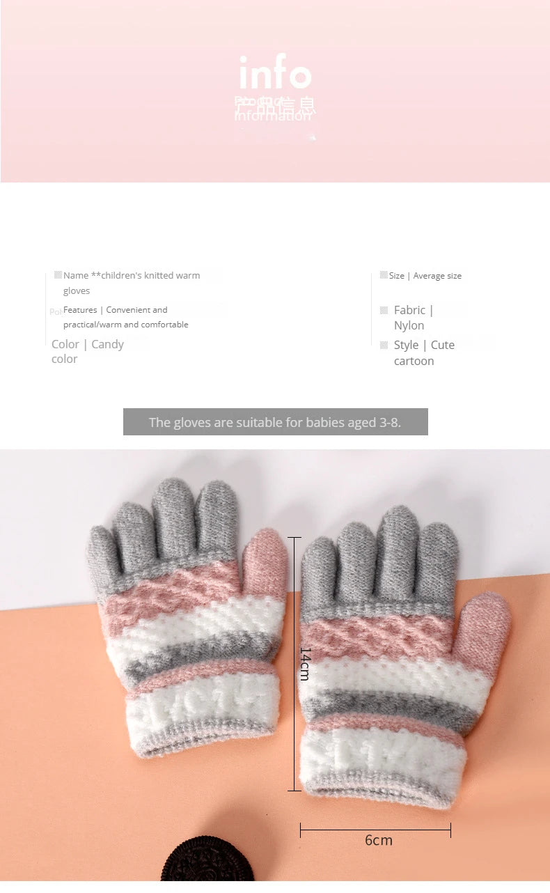 Autumn and Winter Children's Warm Gloves 3-8 Year Old Boys and Girls Thickened Striped Knitted Full Finger Gloves
