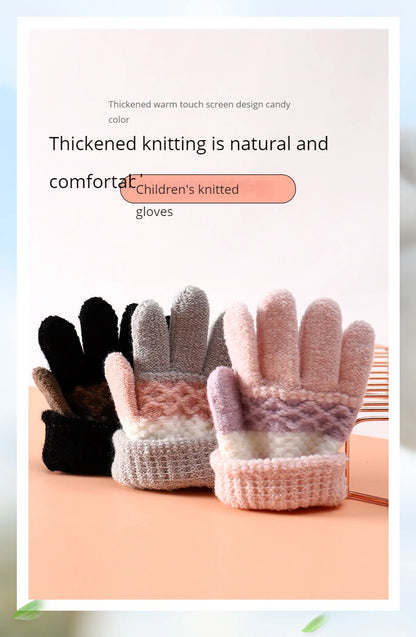 Autumn and Winter Children's Warm Gloves 3-8 Year Old Boys and Girls Thickened Striped Knitted Full Finger Gloves