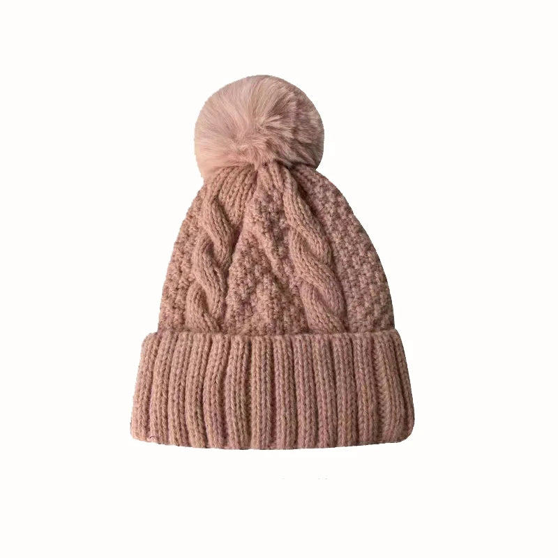 New Winter Twist Knitting Hat For Women Fur Pompom Thick Plush Cap Beanie Solid Color Ladies Warm Ski Snow Skullies Beanies