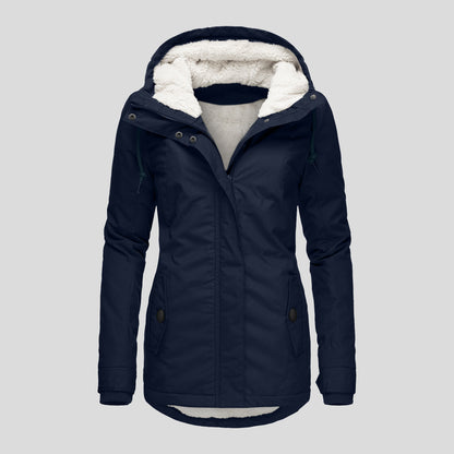 Winter Hooded Jacket Solid Color Warm Buckle Zip-up Fleece Jacket With Pockets Women's Casual Jacket