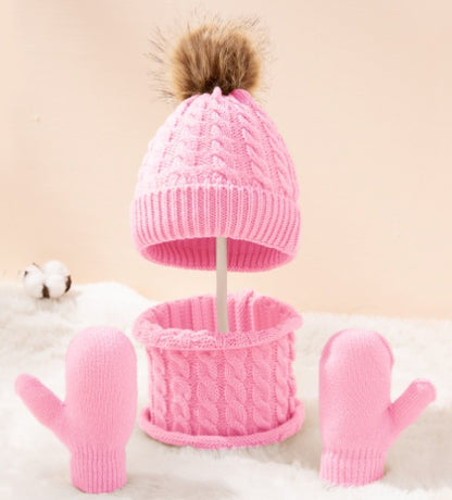 New Wool Single Color Twist Warm Children Hat Scarf Gloves