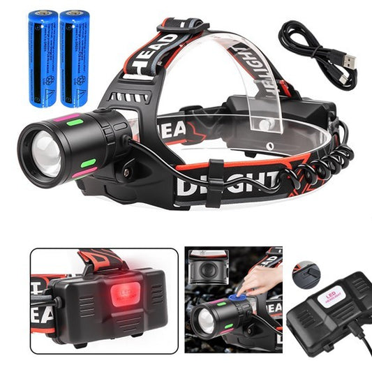 LED Headlamp USB Rechargeable Head Torch Zoom Headlight Camping Lamp Flashlight Work Light 3 Modes With 2 Li-ion Batteries