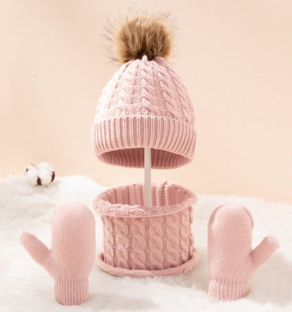 New Wool Single Color Twist Warm Children Hat Scarf Gloves