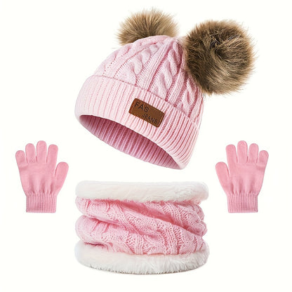 2pcs+1pair Autumn/Winter Knitted Hat, Neck Gaiter & Gloves Set With Fur Ball For Girls, Casual Going Out Beanie For Babies (1-3 Years)