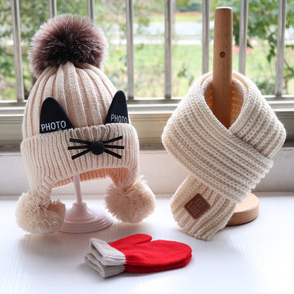 Hat Scarf Set Children Thicken Knitted Wool Hat Bib Gloves Cute Cat