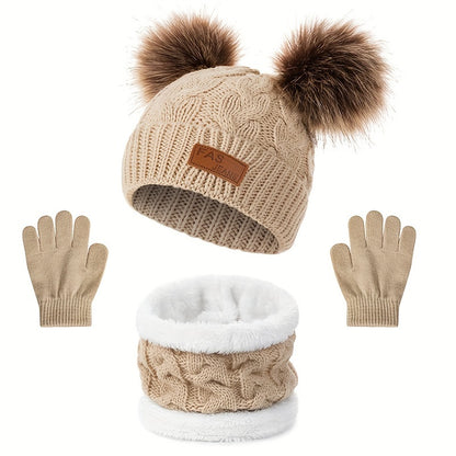 2pcs+1pair Autumn/Winter Knitted Hat, Neck Gaiter & Gloves Set With Fur Ball For Girls, Casual Going Out Beanie For Babies (1-3 Years)