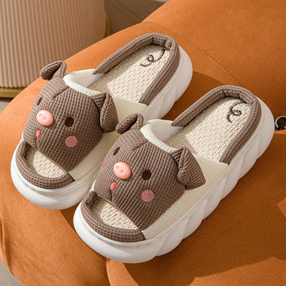 Piggy Cute Couple Open Toe Linen Cotton Linen Slippers
