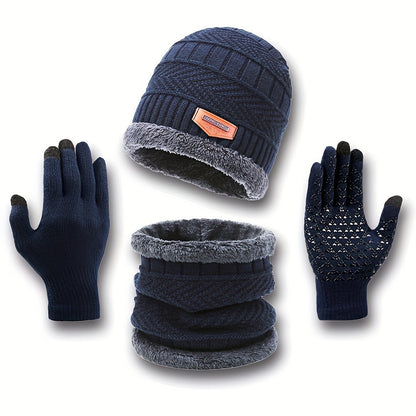 2 Pcs Plus 1 Pair Winter Beanie Set - Men's Warm Knitted Accessories - Snow Hat, Scarf, and Gloves Combo for Cold Weather