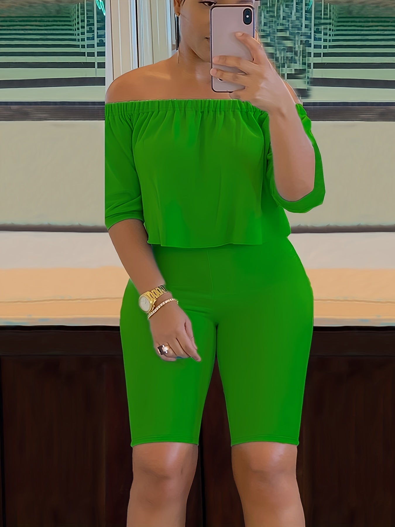 Sexy Solid Fashion Pantsuits Two-piece Set, Off Shoulder Short Sleeve Tops & Slim Shorts Set - Women's Clothing -