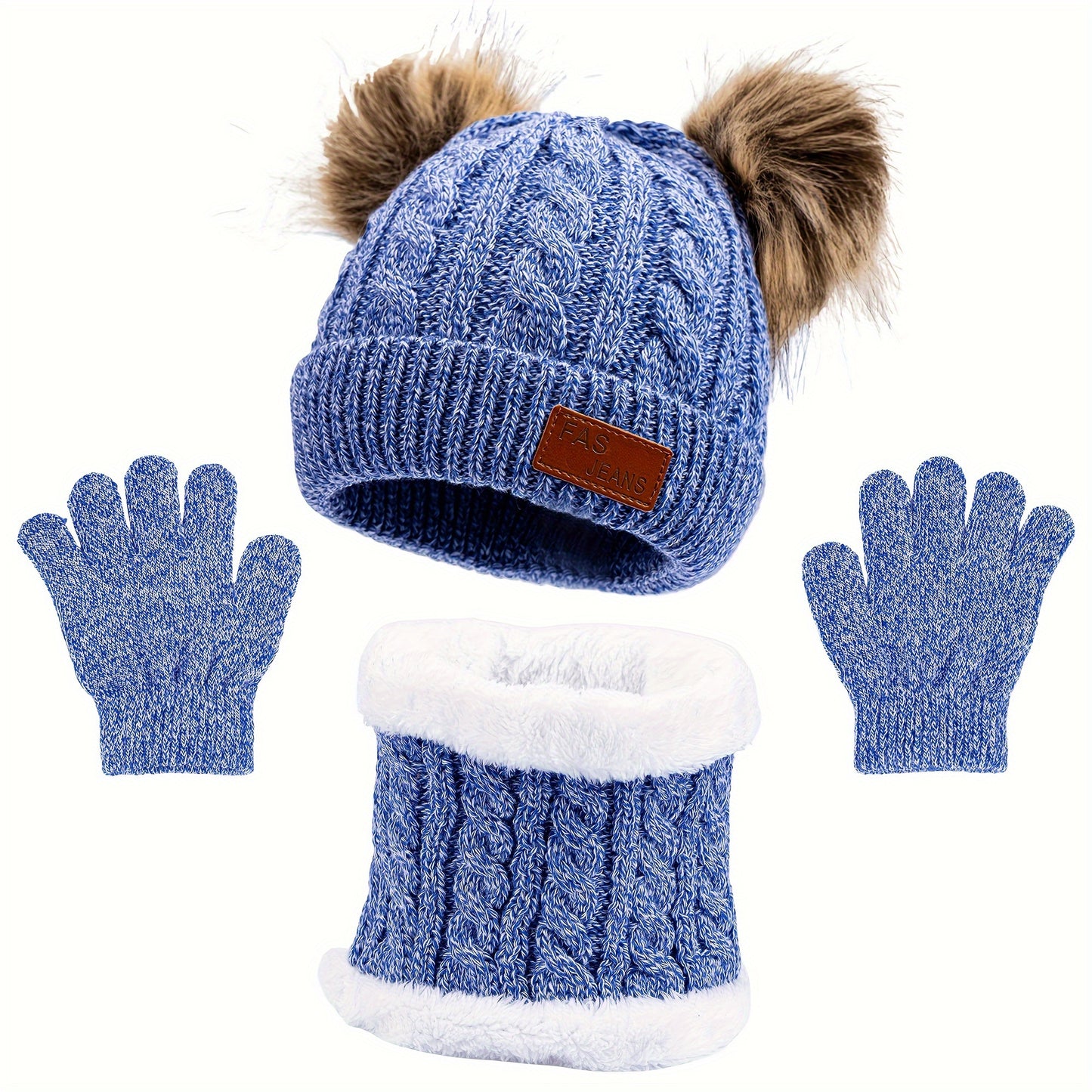 2pcs+1pair Autumn/Winter Knitted Hat, Neck Gaiter & Gloves Set With Fur Ball For Girls, Casual Going Out Beanie For Babies (1-3 Years)