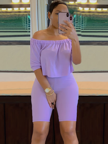 Sexy Solid Fashion Pantsuits Two-piece Set, Off Shoulder Short Sleeve Tops & Slim Shorts Set - Women's Clothing -