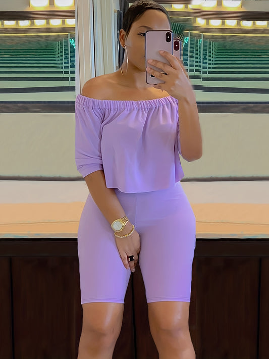 Sexy Solid Fashion Pantsuits Two-piece Set, Off Shoulder Short Sleeve Tops & Slim Shorts Set - Women's Clothing -