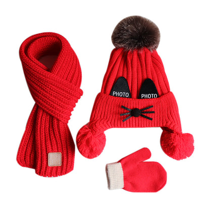 Hat Scarf Set Children Thicken Knitted Wool Hat Bib Gloves Cute Cat