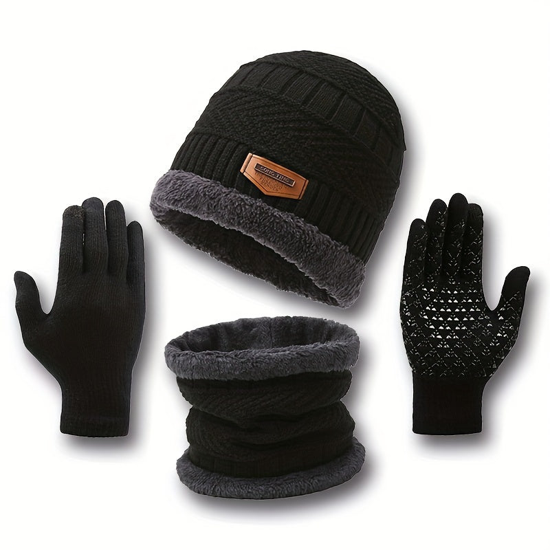 2 Pcs Plus 1 Pair Winter Beanie Set - Men's Warm Knitted Accessories - Snow Hat, Scarf, and Gloves Combo for Cold Weather