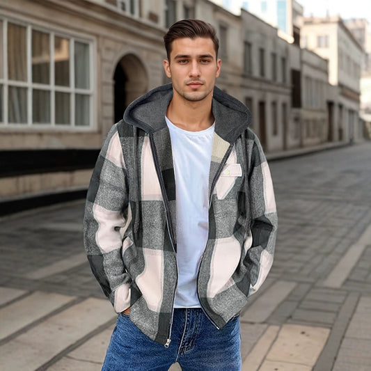 Men's Flannel Jacket Zipper Hooded Jacket
