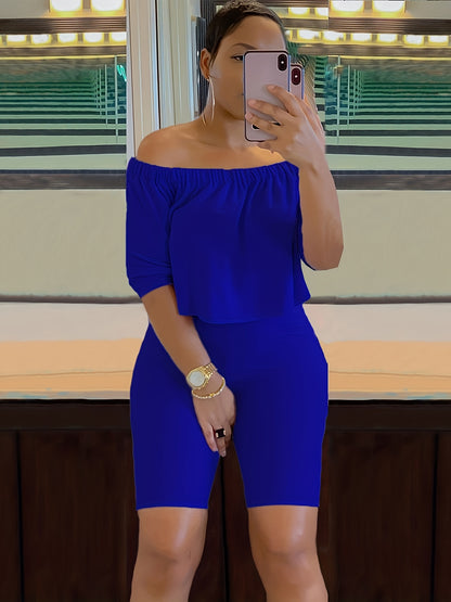 Sexy Solid Fashion Pantsuits Two-piece Set, Off Shoulder Short Sleeve Tops & Slim Shorts Set - Women's Clothing -