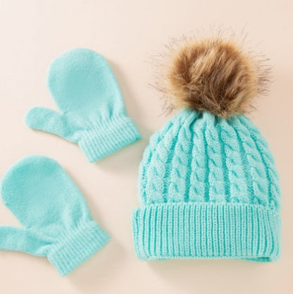 New Wool Single Color Twist Warm Children Hat Scarf Gloves
