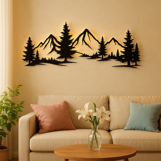 Rustic Metallic Wall Art,Evergreen Forest Mountain Design,Great For Child's Room