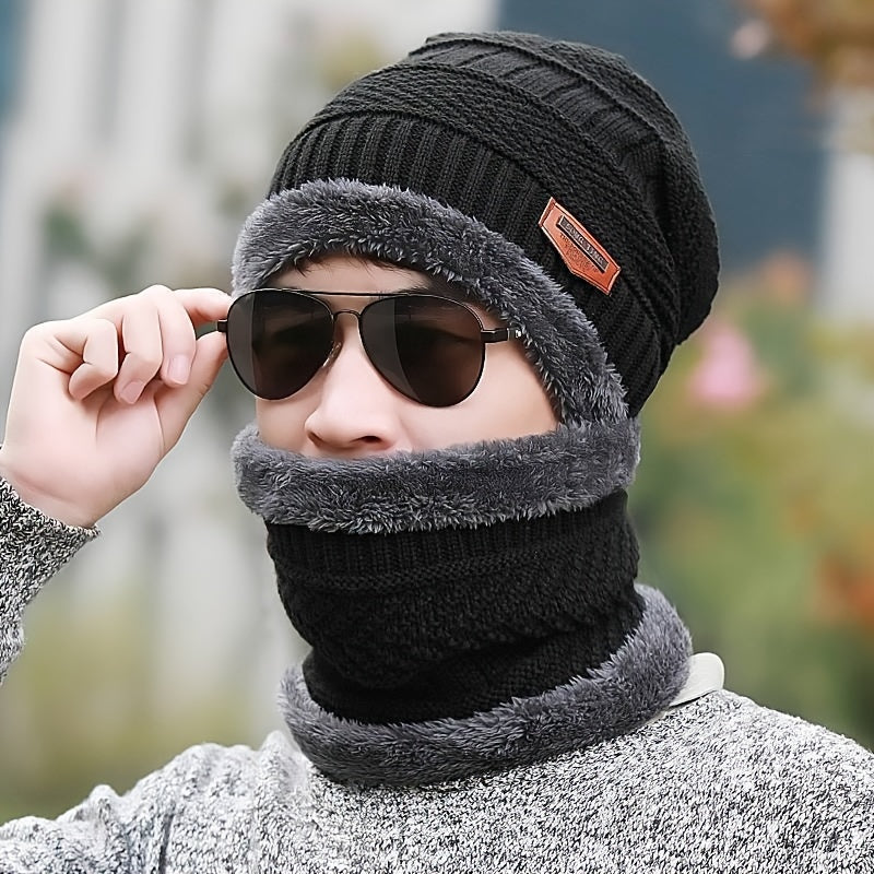 2 Pcs Plus 1 Pair Winter Beanie Set - Men's Warm Knitted Accessories - Snow Hat, Scarf, and Gloves Combo for Cold Weather
