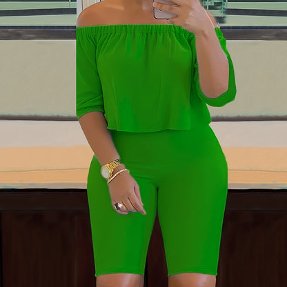 Sexy Solid Fashion Pantsuits Two-piece Set, Off Shoulder Short Sleeve Tops & Slim Shorts Set - Women's Clothing -