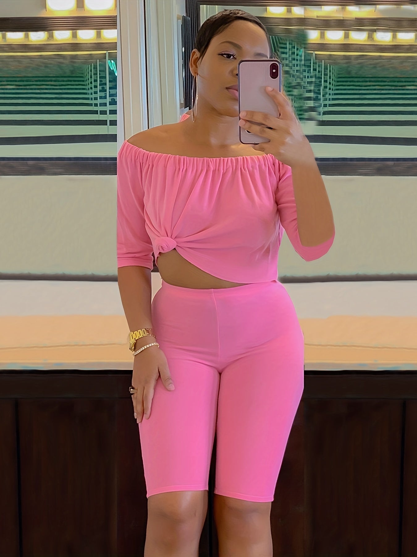 Sexy Solid Fashion Pantsuits Two-piece Set, Off Shoulder Short Sleeve Tops & Slim Shorts Set - Women's Clothing -