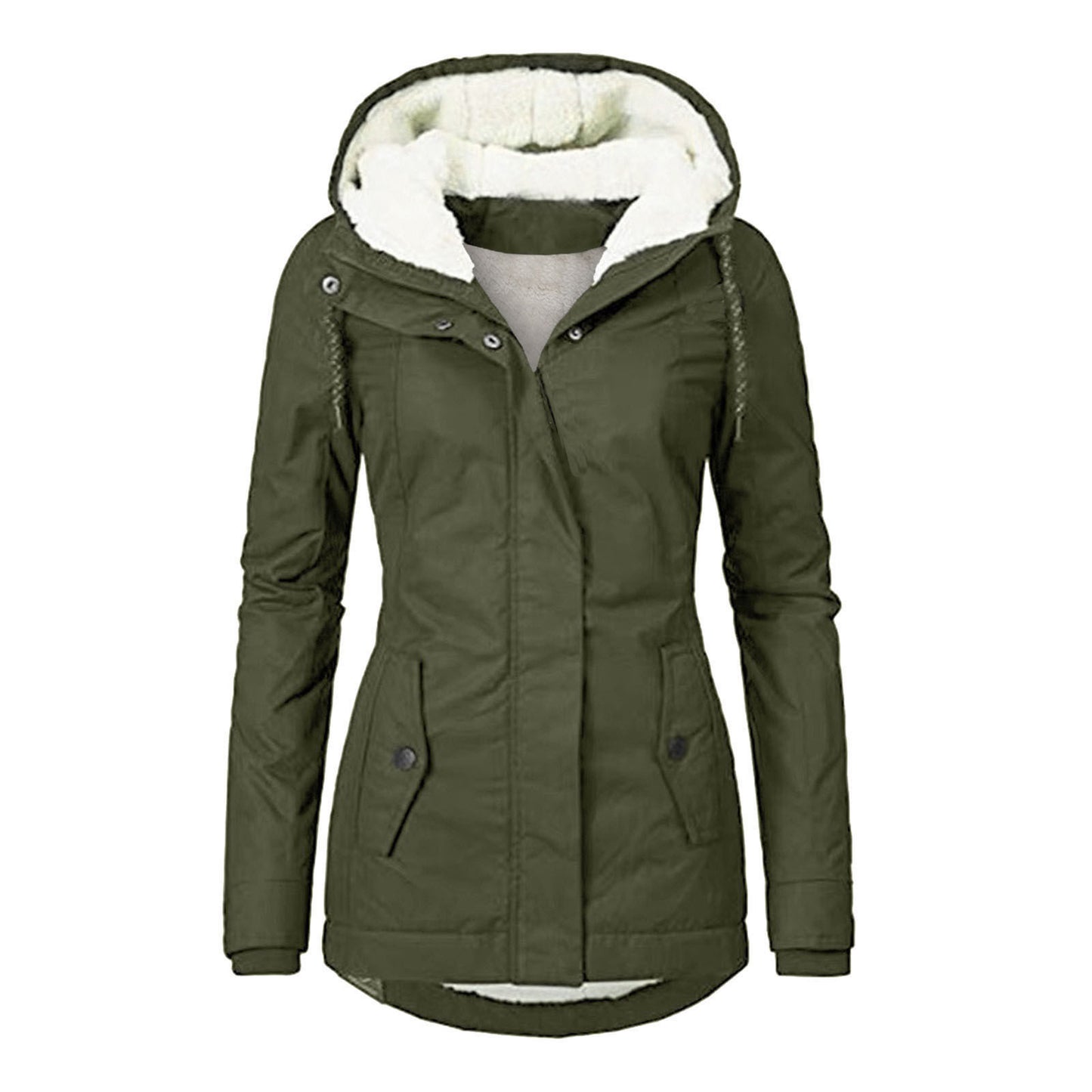 Winter Hooded Jacket Solid Color Warm Buckle Zip-up Fleece Jacket With Pockets Women's Casual Jacket
